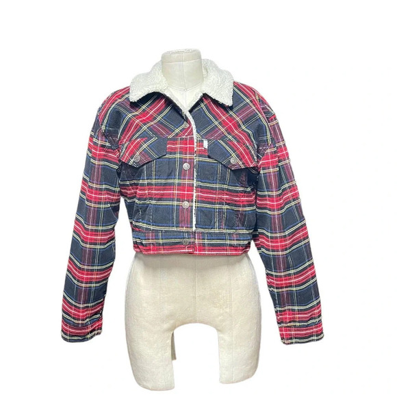 Levi's Ex-Boyfriend Tartan Plaid Corduroy Cropped Sherpa Jacket Size Small - Picture 2 of 16